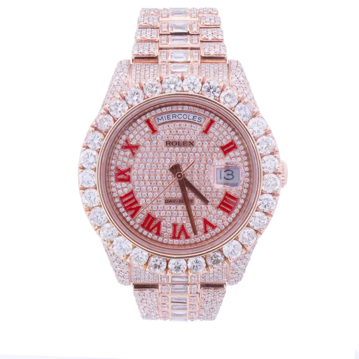 Rolex Day Date Rose Gold 41mm Completely Iced Out Roman Pave Diamond Dial Watch Ref 218235 Happy Jewelers Necklaces