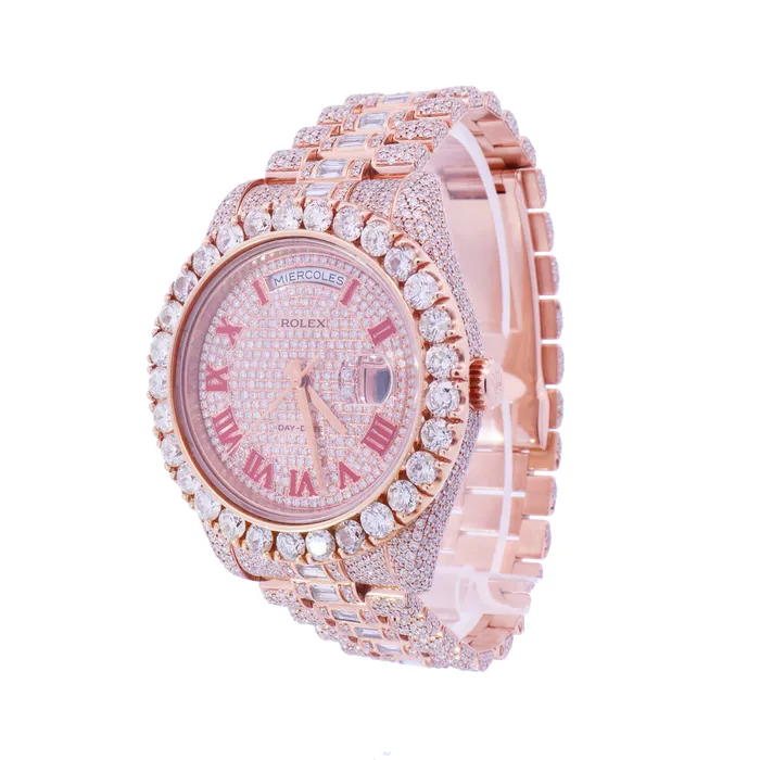 Rolex Day Date Rose Gold 41mm Completely Iced Out Roman Pave Diamond Dial Watch Ref 218235 Happy Jewelers Necklaces