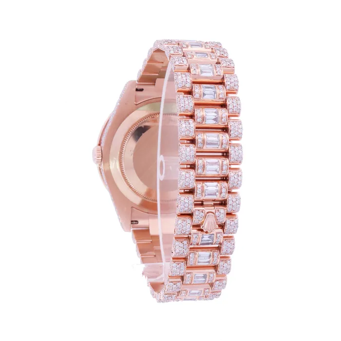 Rolex Day Date Rose Gold 41mm Completely Iced Out Roman Pave Diamond Dial Watch Ref 218235 Happy Jewelers Necklaces