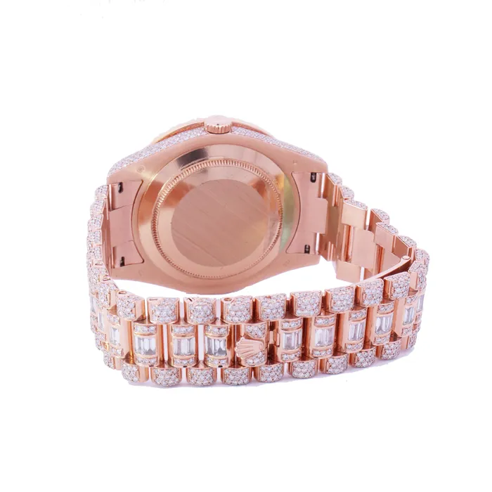 Rolex Day Date Rose Gold 41mm Completely Iced Out Roman Pave Diamond Dial Watch Ref 218235 Happy Jewelers Necklaces