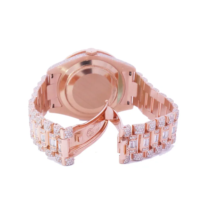 Rolex Day Date Rose Gold 41mm Completely Iced Out Roman Pave Diamond Dial Watch Ref 218235 Happy Jewelers Necklaces