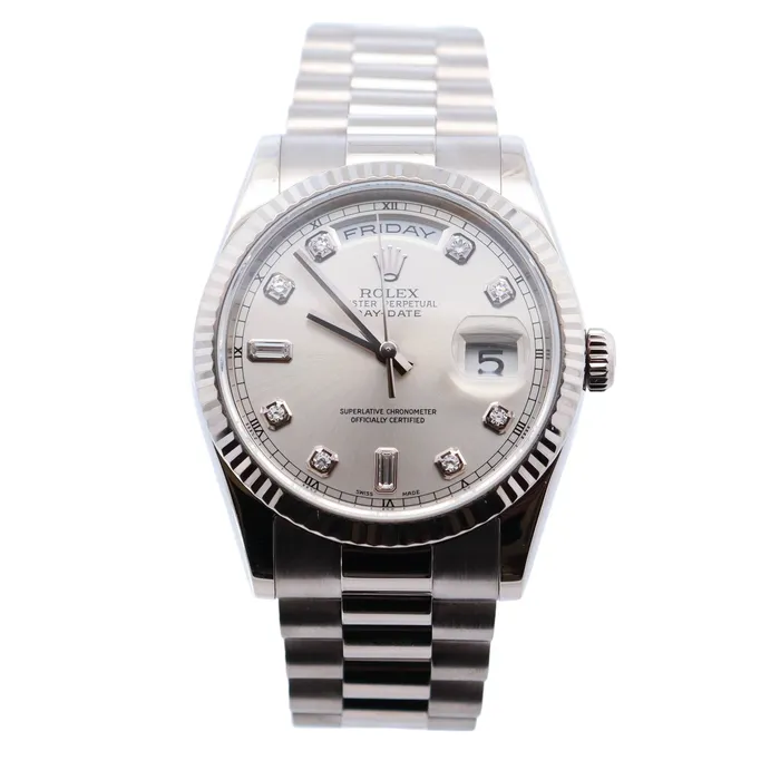 Rolex DayDate White Gold 36mm Silver Diamond Dial Watch Reference 118239 Happy Jewelers Rings Rolex DayDate White Gold 36mm Silver Diamond Dial Watch Reference 118239 Happy Jewelers Rings