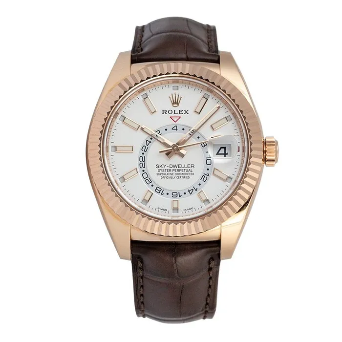 Rolex Mens SkyDweller 18K Rose Gold 42mm White Stick Dial Watch Reference 326135 Happy Jewelers Earrings