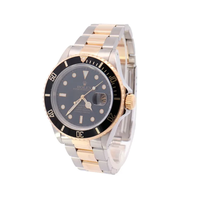 Rolex Submariner TwoTone Stainless Steel Yellow Gold 40mm Black Dot Dial Watch Reference 16613 Happy Jewelers Rings