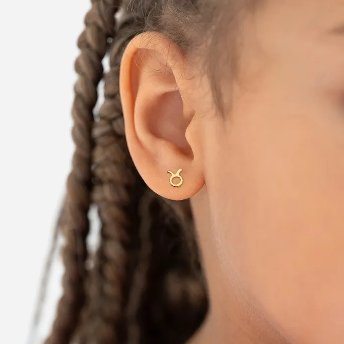 Split 14k Gold Dainty Taurus Zodiac Baby Toddler Kids Earrings Safety Screw Back Earrings