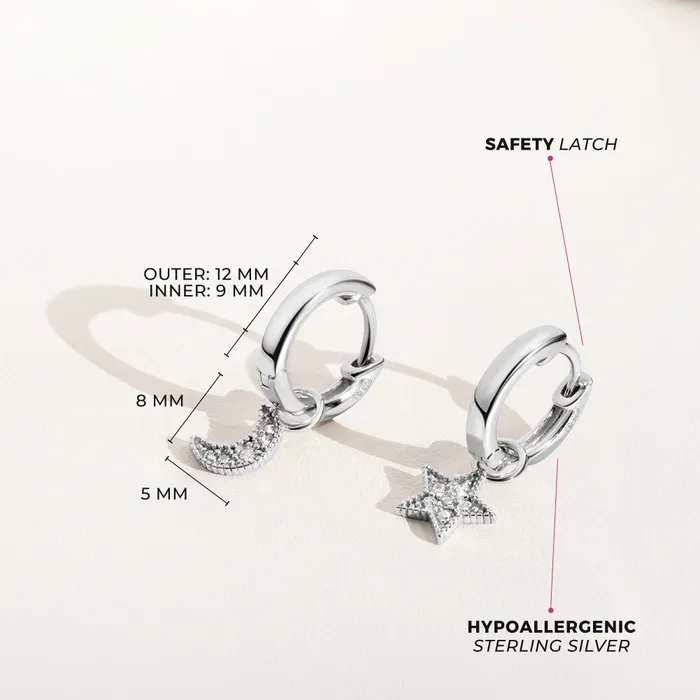 Star Moon Dangle 9mm Kids Childrens Girls Earrings HoopHuggie Celestial Safety Latch Sterling Silver Kids Hoop Earrings Earrings