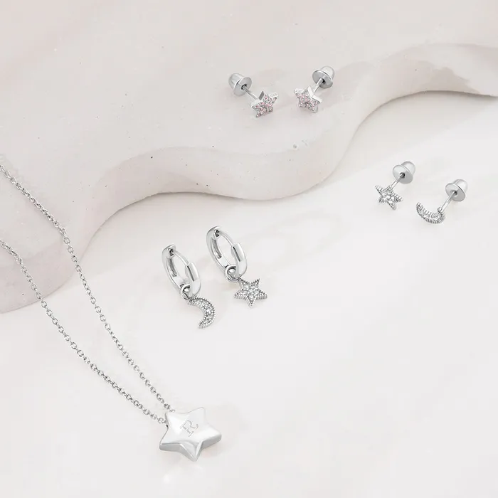 Star Moon Dangle 9mm Kids Childrens Girls Earrings HoopHuggie Celestial Safety Latch Sterling Silver Kids Hoop Earrings Earrings