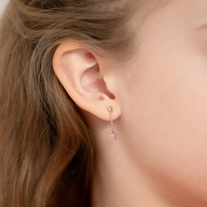 Teen Drop Dangle Earrings Earrings Shooting Stars CZ Chain Dangle Kids Teen Earrings Sterling Silver Rose Gold Plated