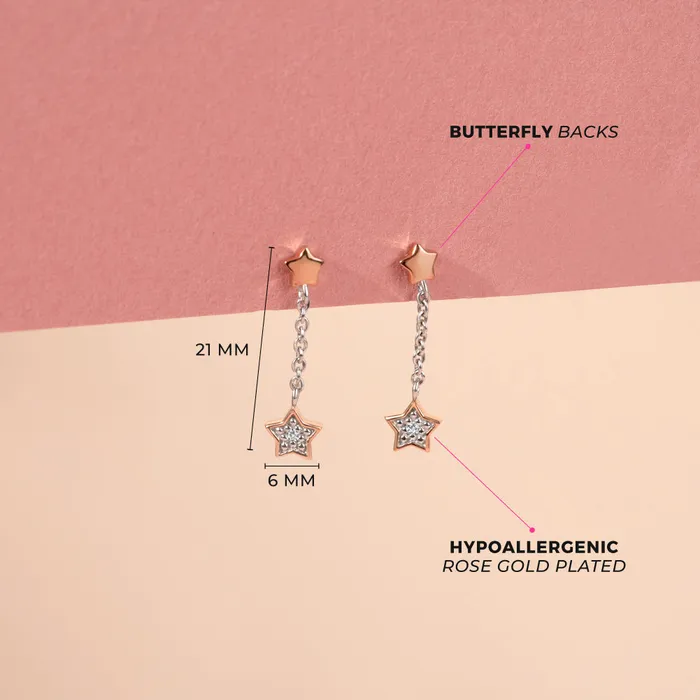 Teen Drop Dangle Earrings Earrings Shooting Stars CZ Chain Dangle Kids Teen Earrings Sterling Silver Rose Gold Plated