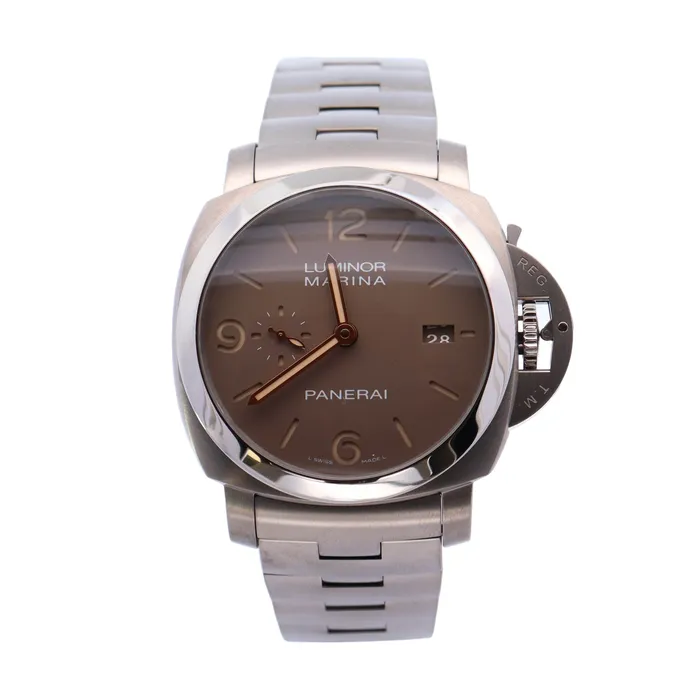 Watches Happy Jewelers Panerai Luminor Marina Titanium 44mm Brown Stick Roman Dial Watch Reference PAM00734 Watches Happy Jewelers Panerai Luminor Marina Titanium 44mm Brown Stick Roman Dial Watch Reference PAM00734