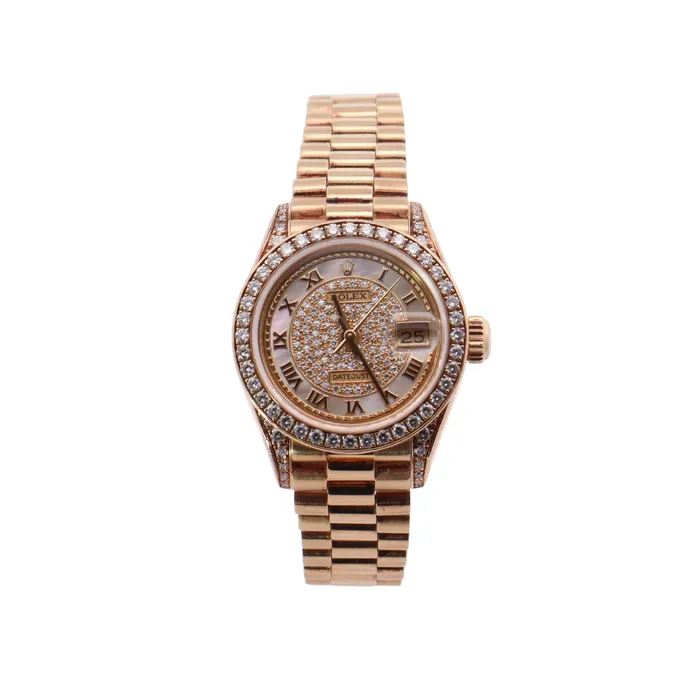 Watches Rolex Datejust Yellow Gold 26mm Factory Mop Pave Diamond Roman Dial Watch Reference 69158 Happy Jewelers